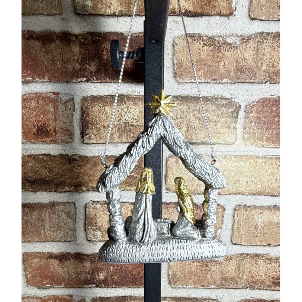 Resin Hanging Metallic Silver Gold Nativity Stable Ornament w/ Star Mary Joseph - Picture 2 of 3